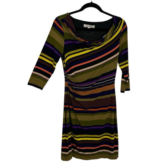 Loft Sheath Dress Size Small Dark Striped Ruched Side Knit 3/4 sleeve - Picture 1 of 8
